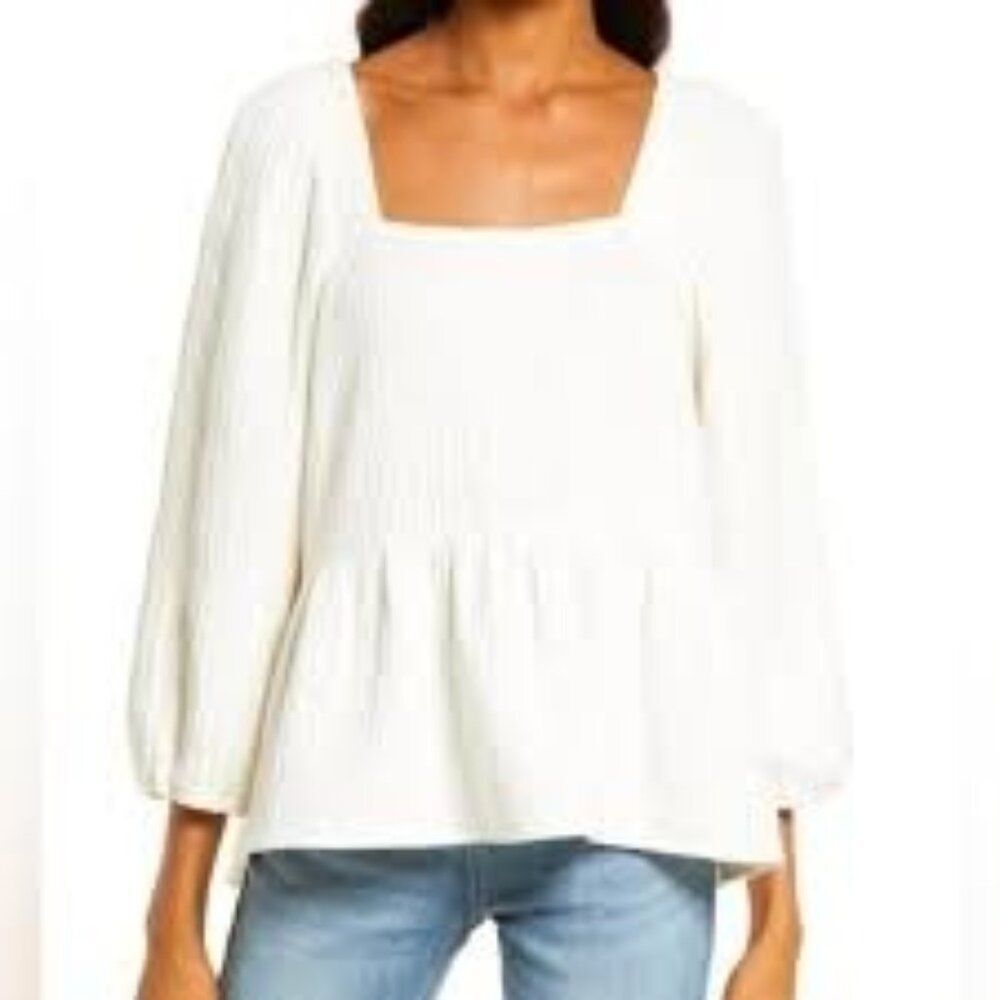 Madewell Women Millbrook Puff Sleeve Lightspun Square Neck Peplum Blouse Size L